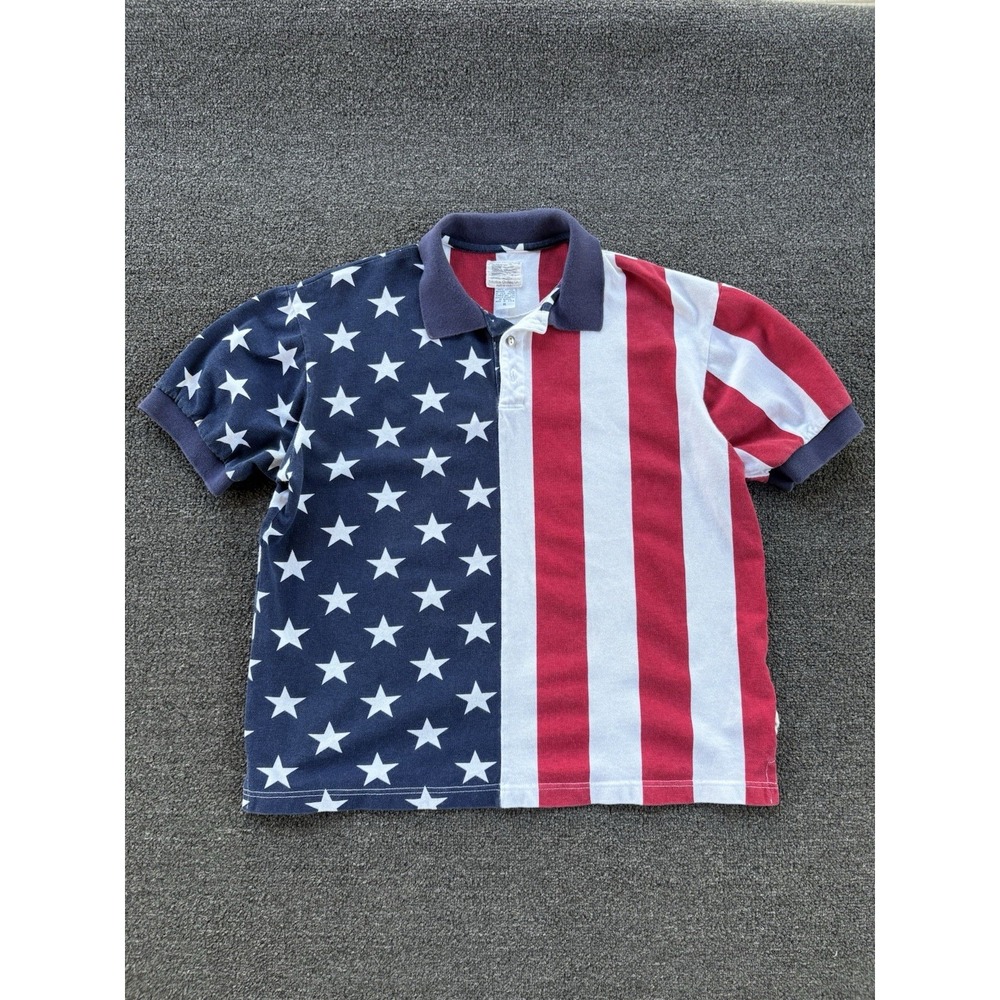 Vintage American Flag Polo Shirt XL Stars Stripes Made in USA 100% Cotton 90s